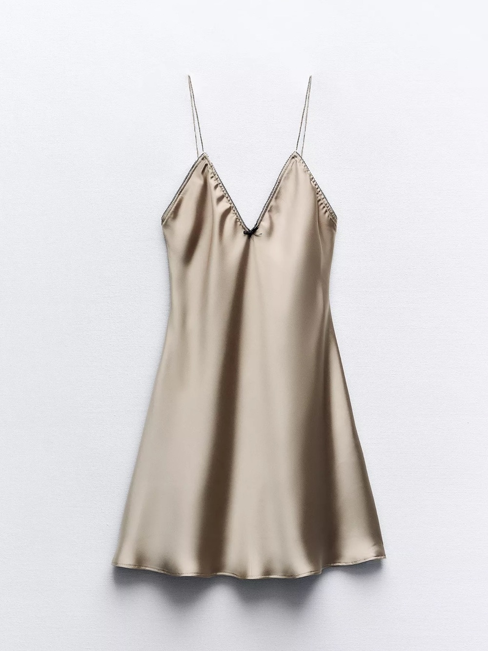 Zara Soft Gold/Taupe Satin Slip Mini Dress Black Trim Bow XS